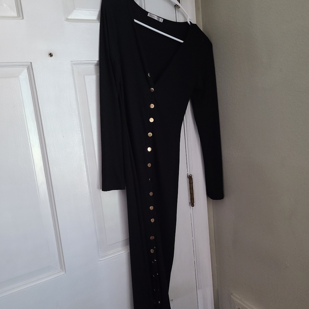 Black ribbed dress gold buttons